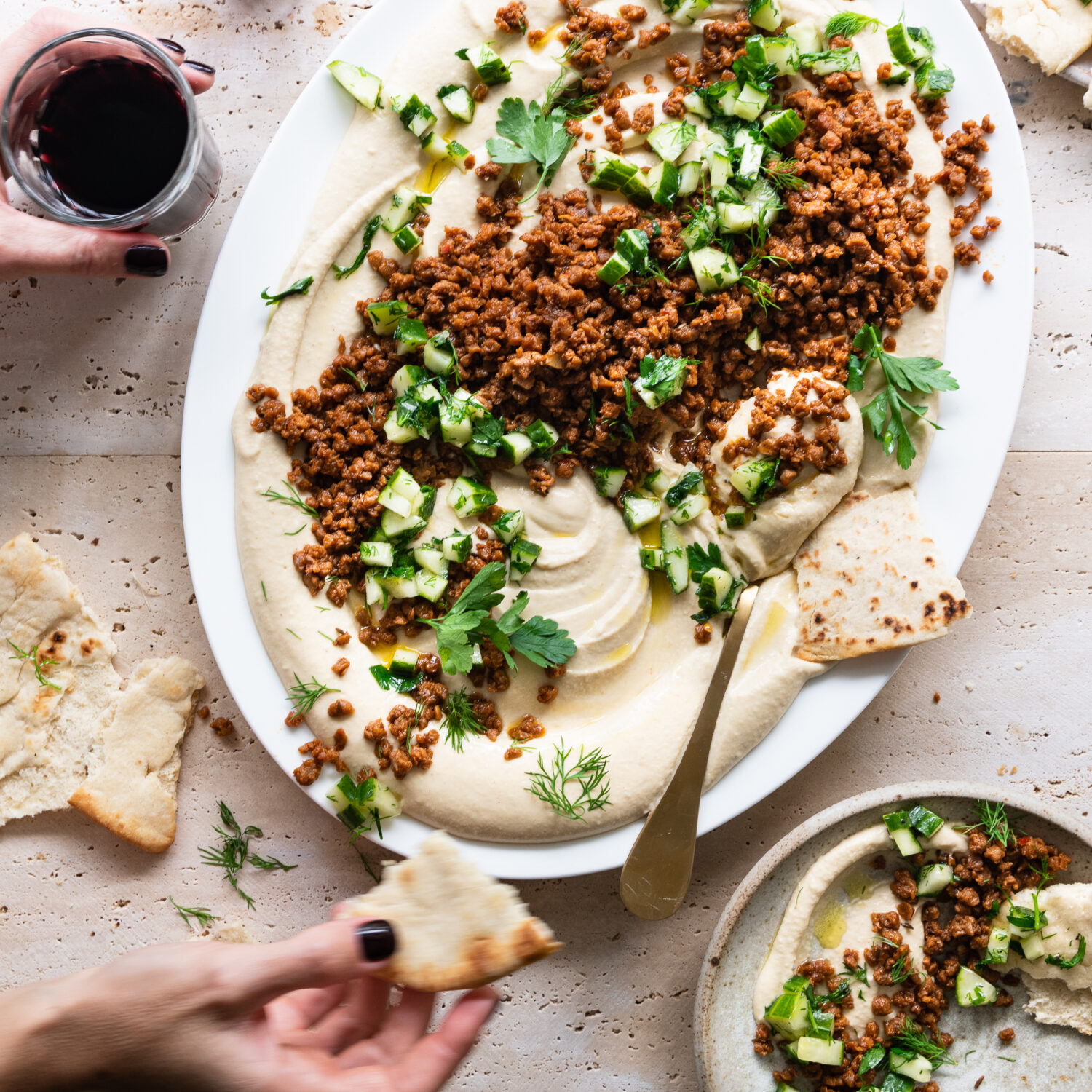 Harissa-Spiced ‘Mince’ Hummus Platter