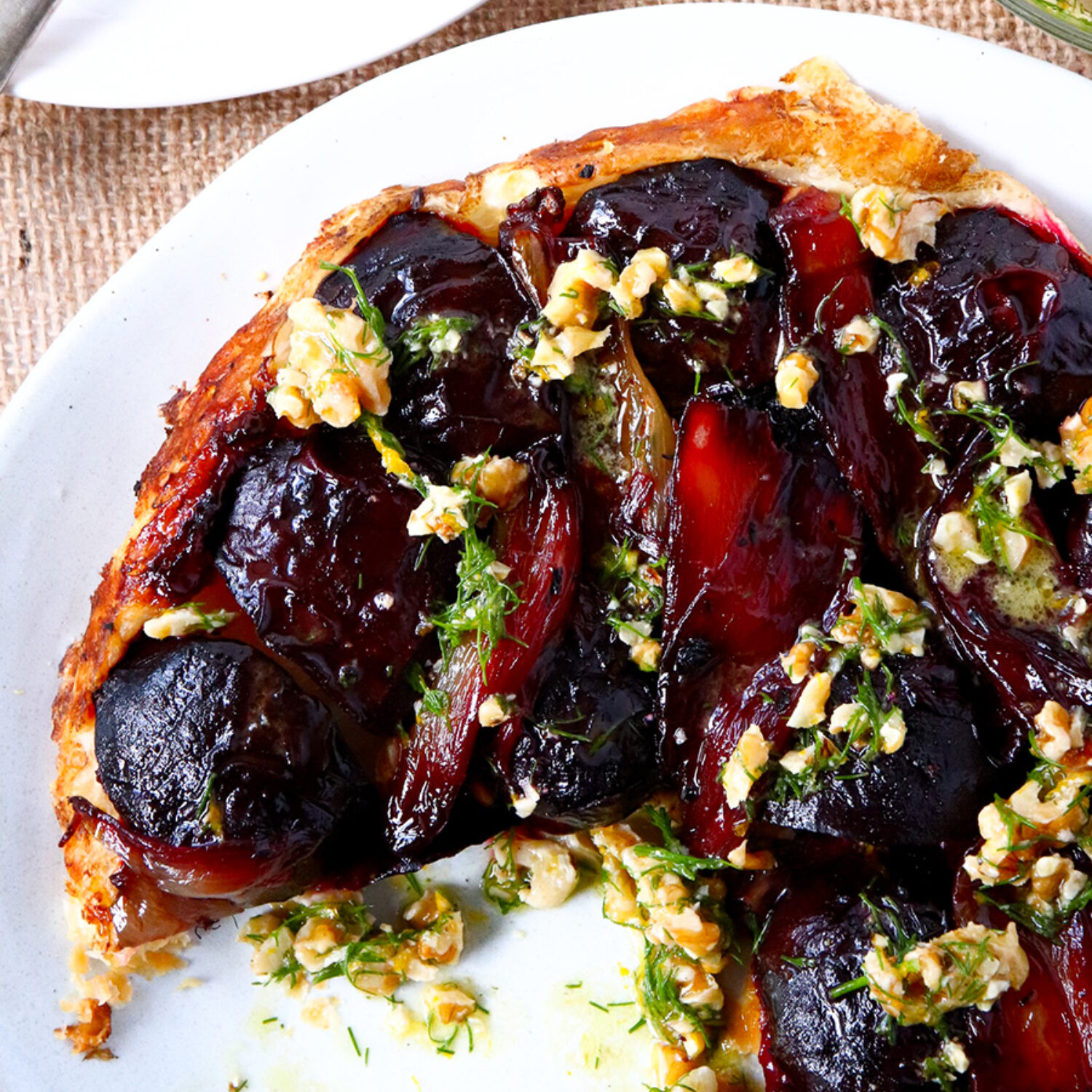 Beetroot and Shallot Tarte Tatin, with Walnut Orange and Dill Dressing