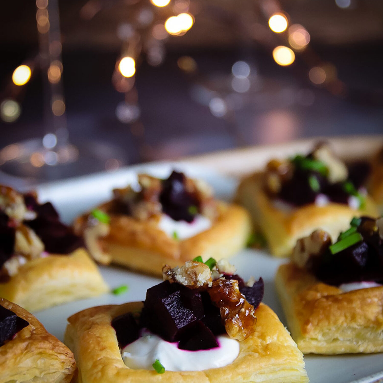 Roated Beetroot, 'cream cheese' and Candied Walnut Tartlets