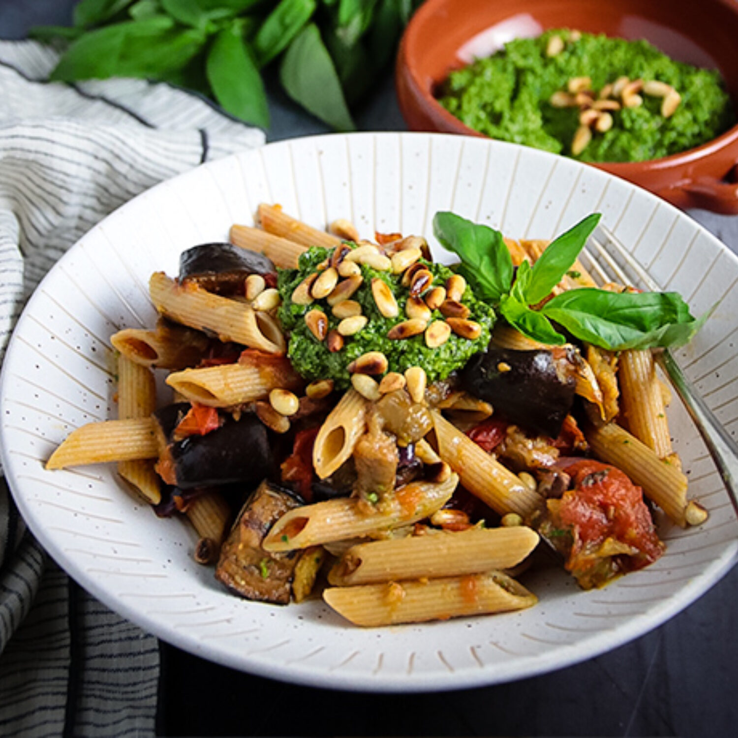 Roasted Aubergine and Tomato Pasta, with Basil Pesto