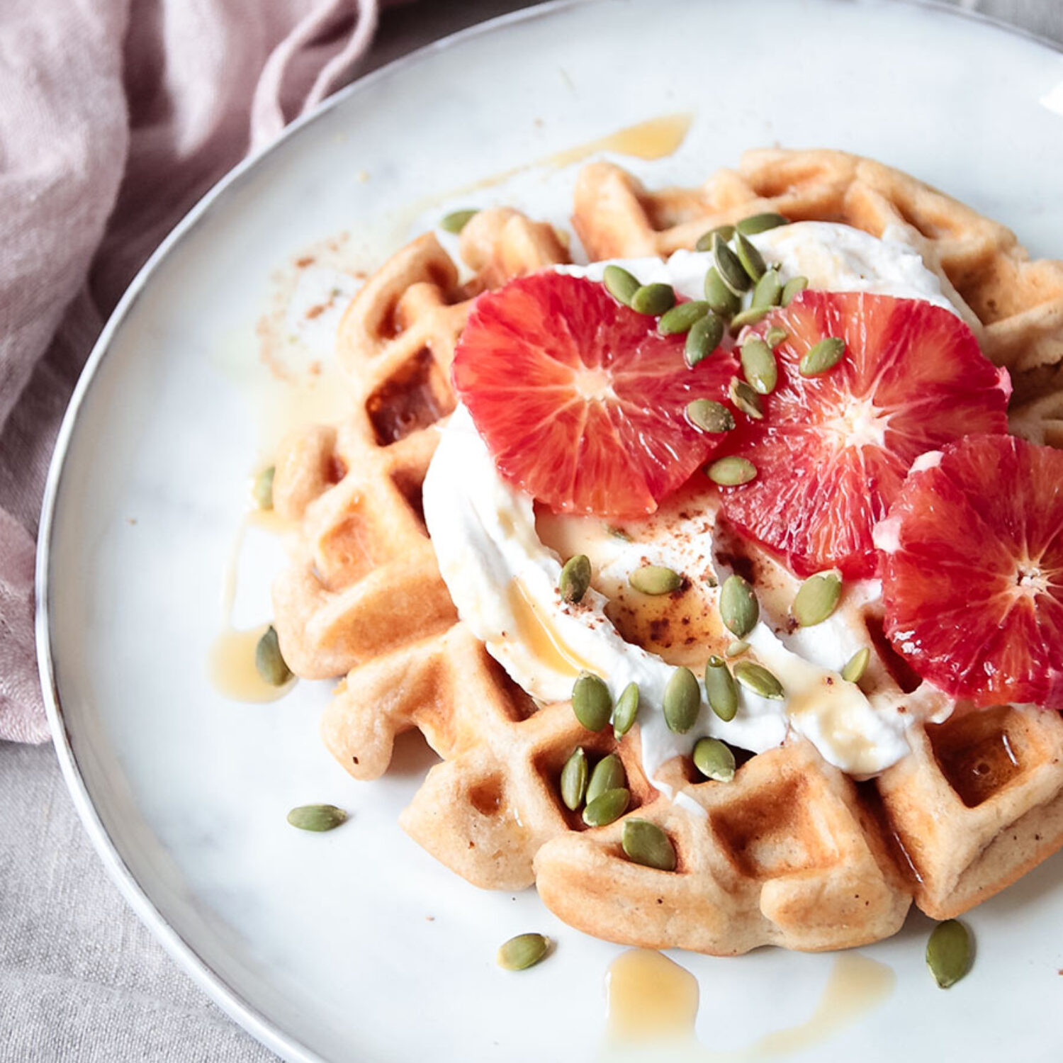 Spelt Waffles with Yogurt and Blood Orange