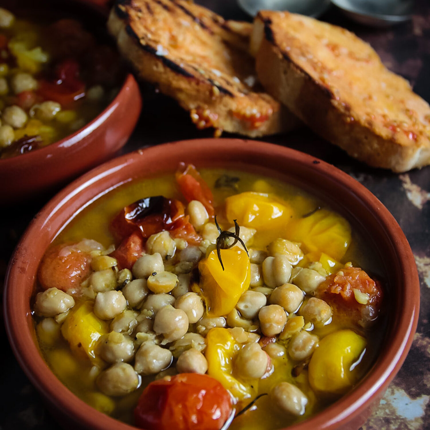 Chickpeas in Broth, Lots of olive oil & black pepper, Pan con Tomate