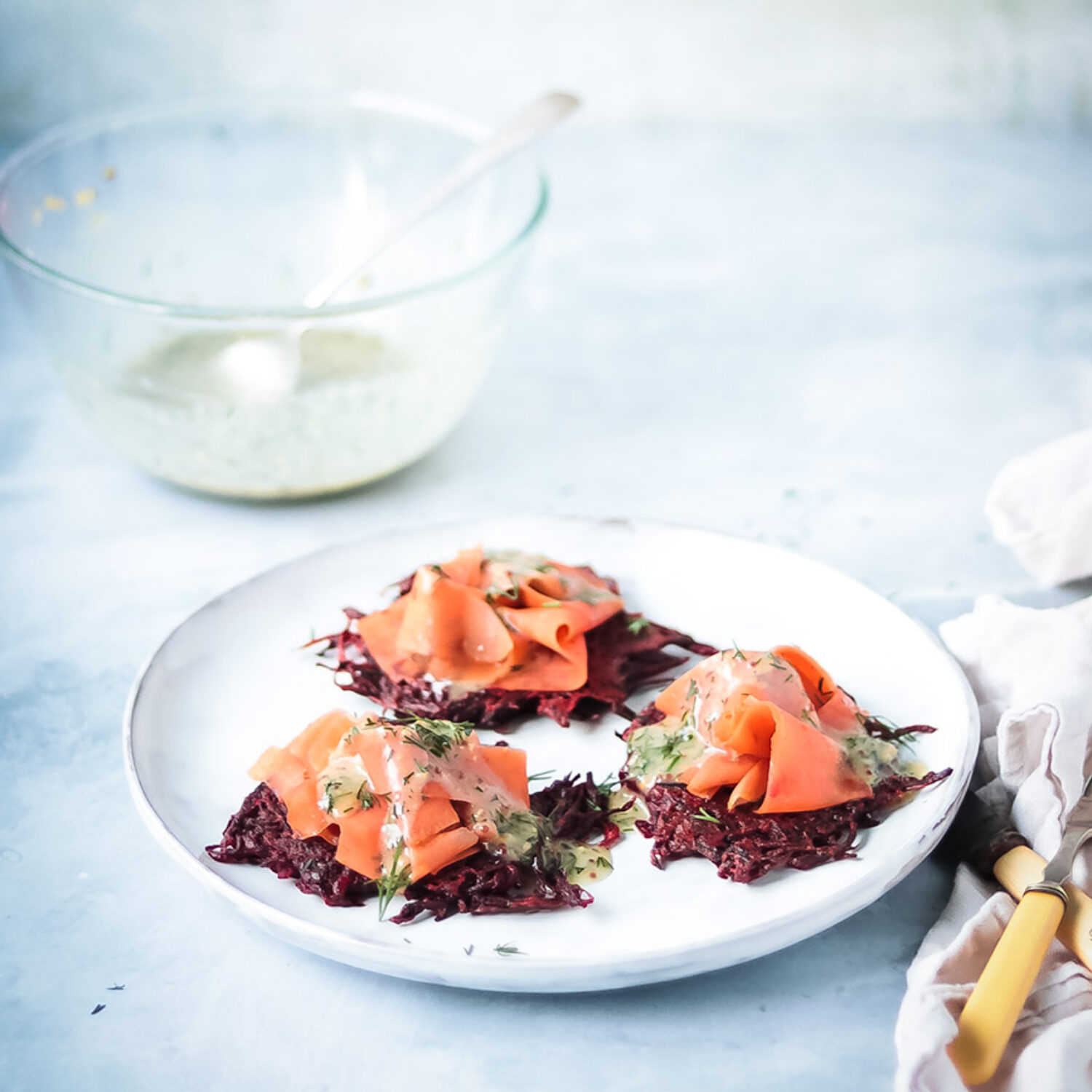 Beetroot Fritters and 'Gravlax'