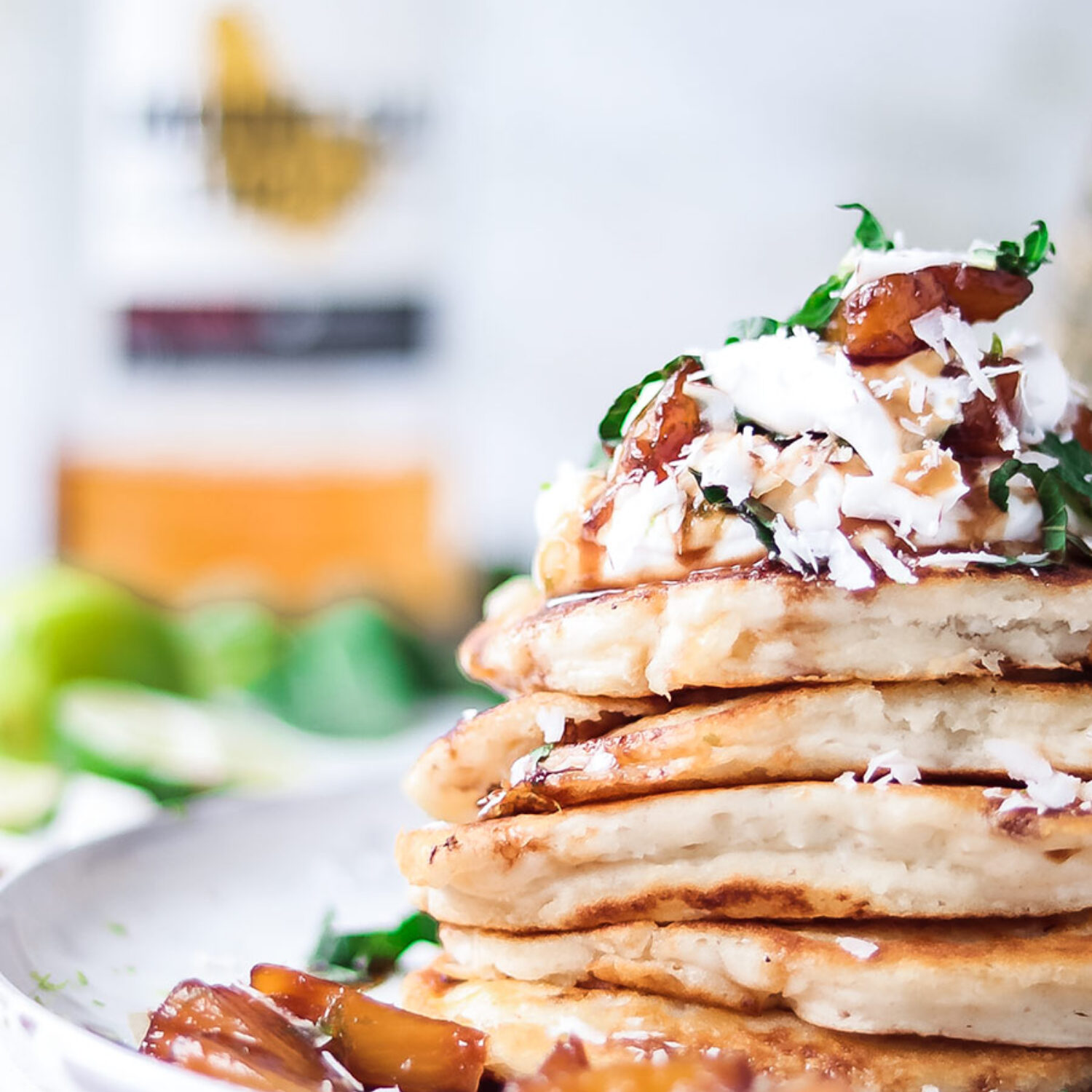 Pina Colada Pancakes. Fluffy Coconut pancakes with Caramelised Rum Pineapple