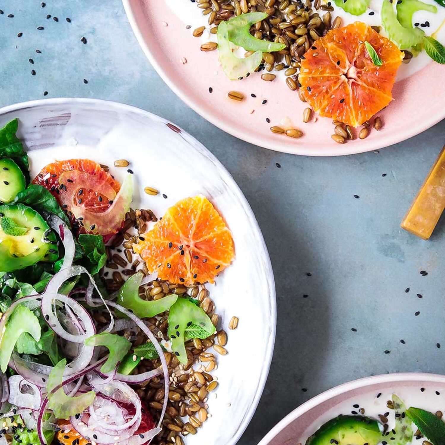 Spring Freekeh Salad with Tahini Yogurt Dressing