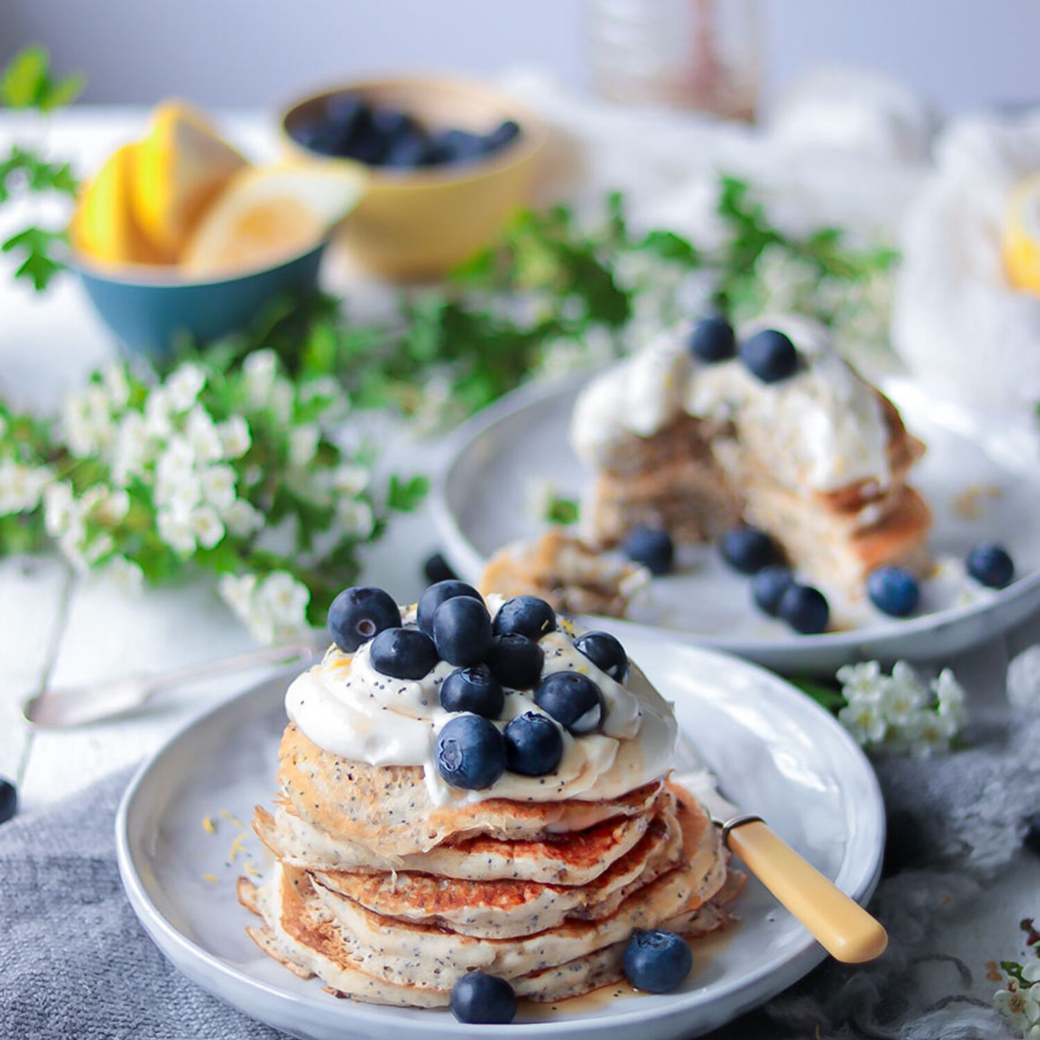 Lemon and Poppy Seed Pancakes with Creamy Cheese and Yogurt Topping