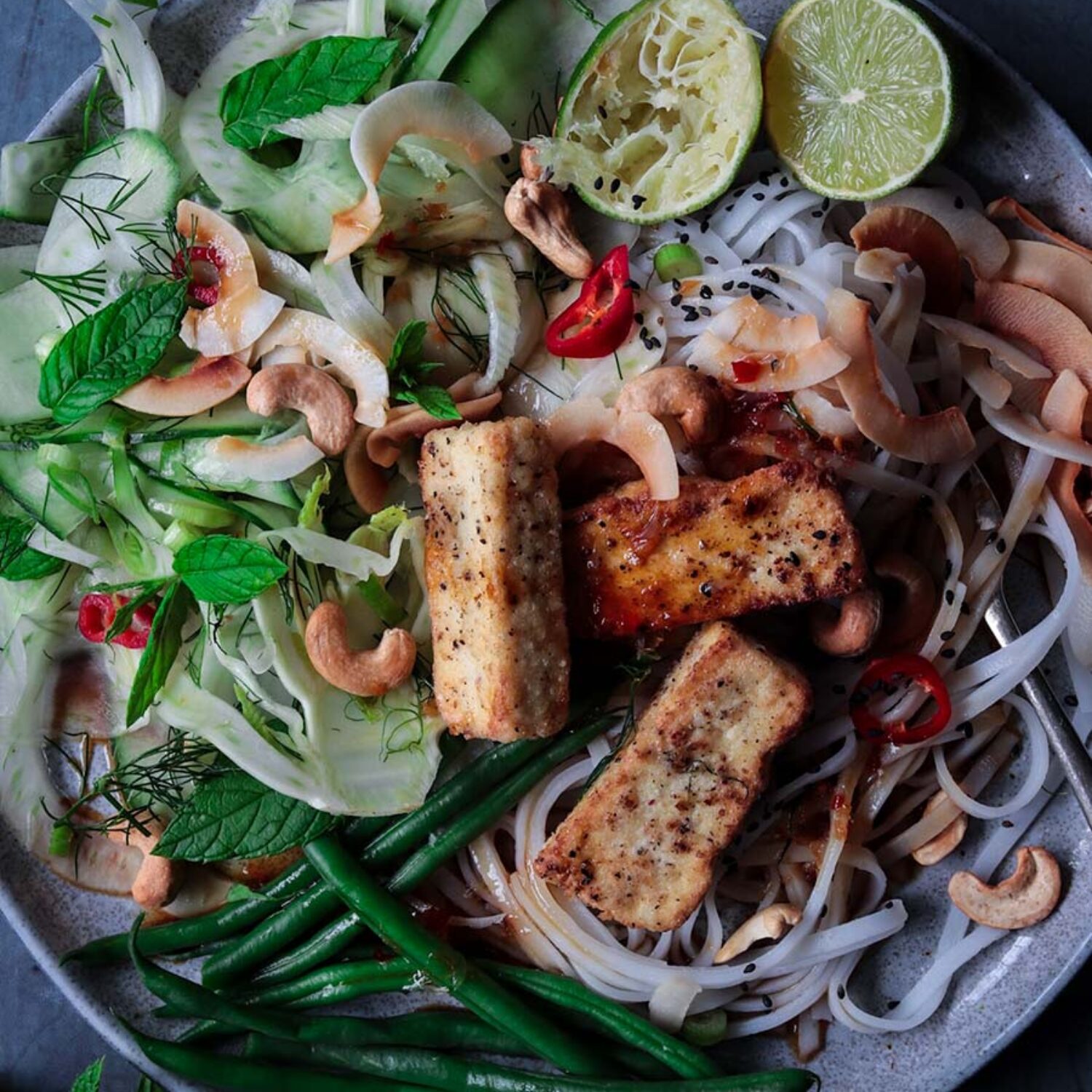 Salt & Pepper Tofu & Crunchy Green Noodle Salad