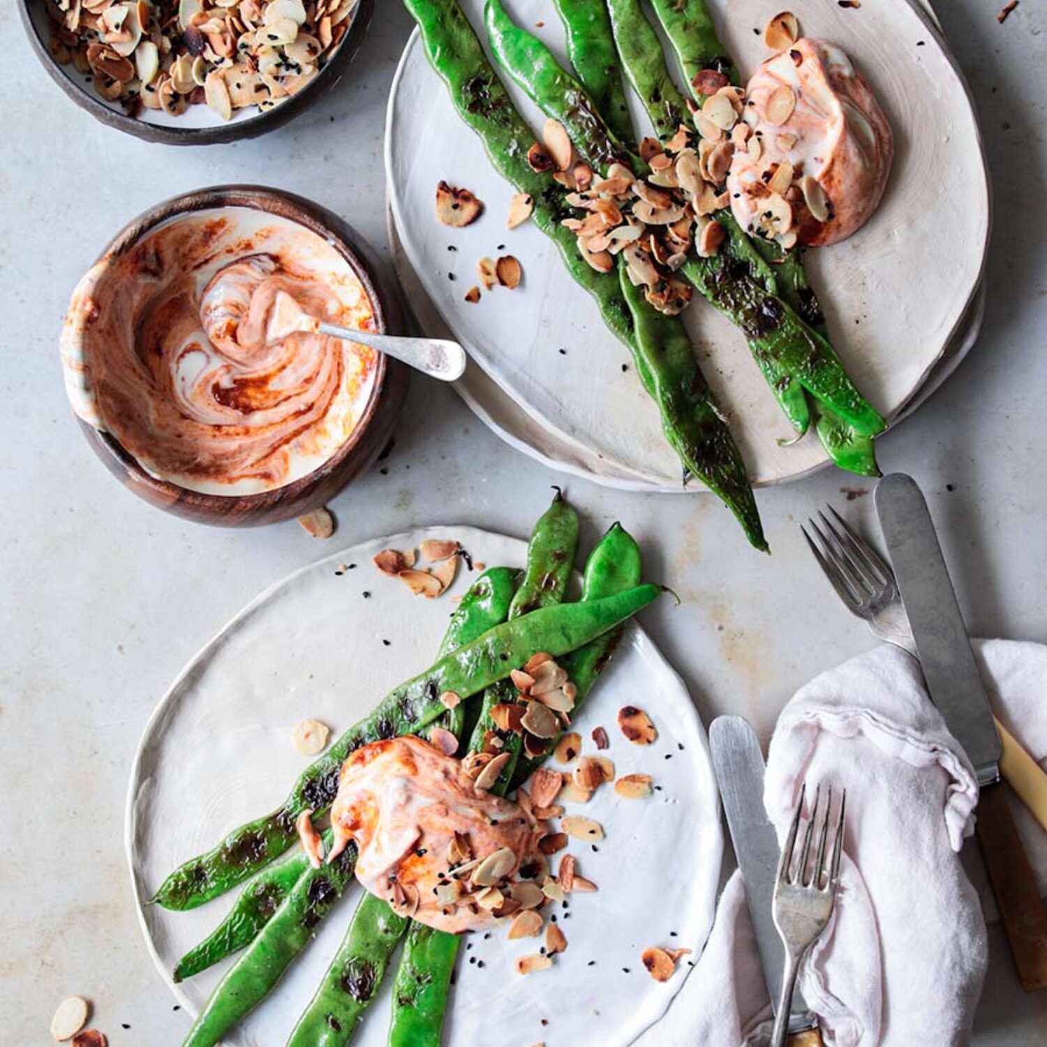 Charred Runner Beans & Harissa Yoghurt With Almond & Garlic Crumb