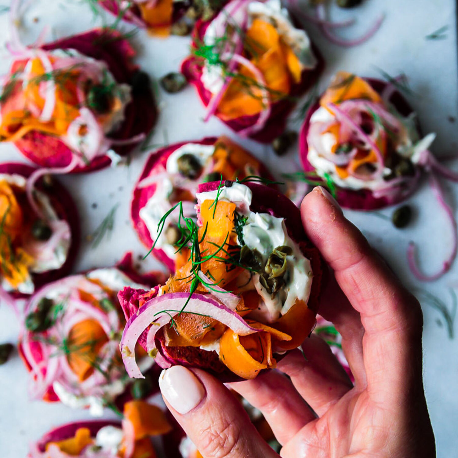 Beetroot Pancakes with Carrot Lox & Dill Cream Cheese