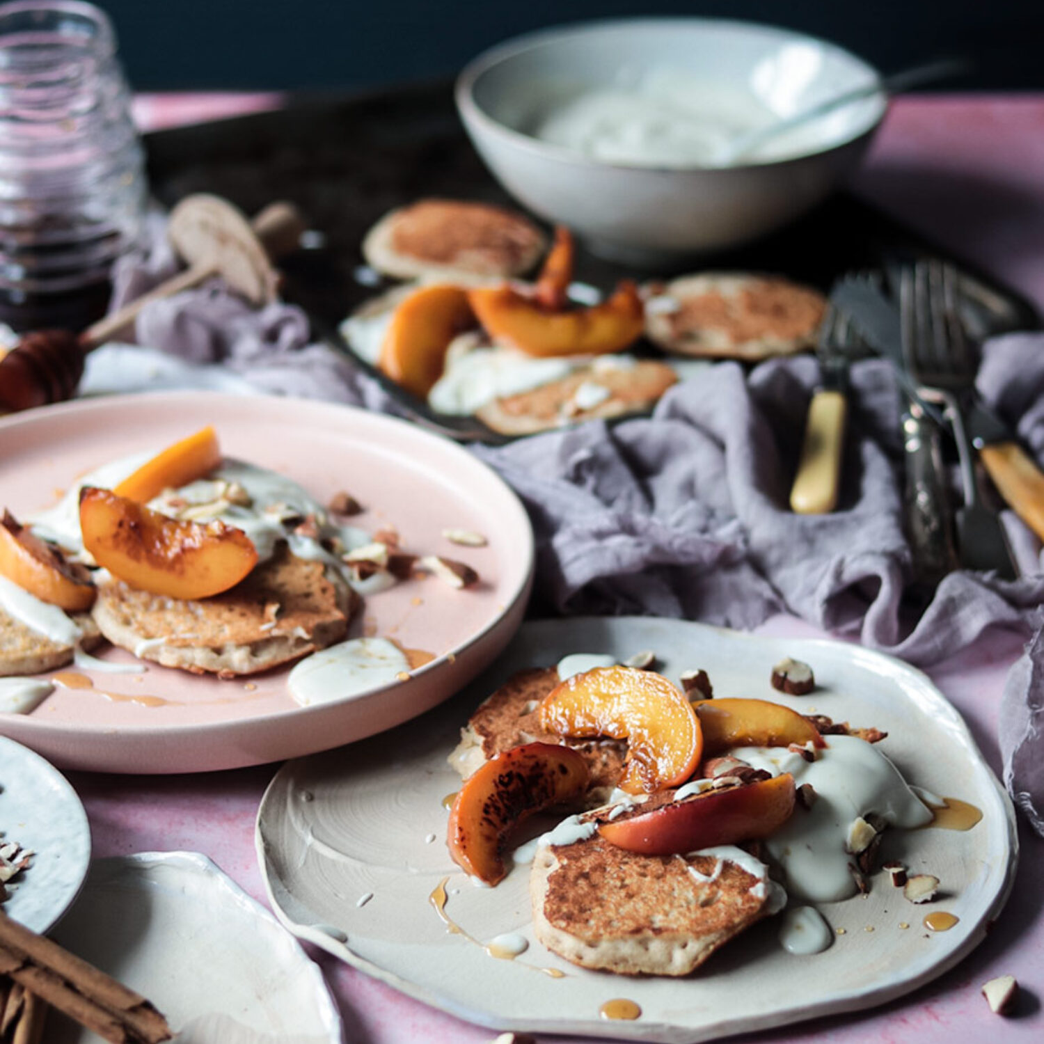 Gluten-Free Almond & Buckwheat Pancakes with Caramelised Maple Peaches