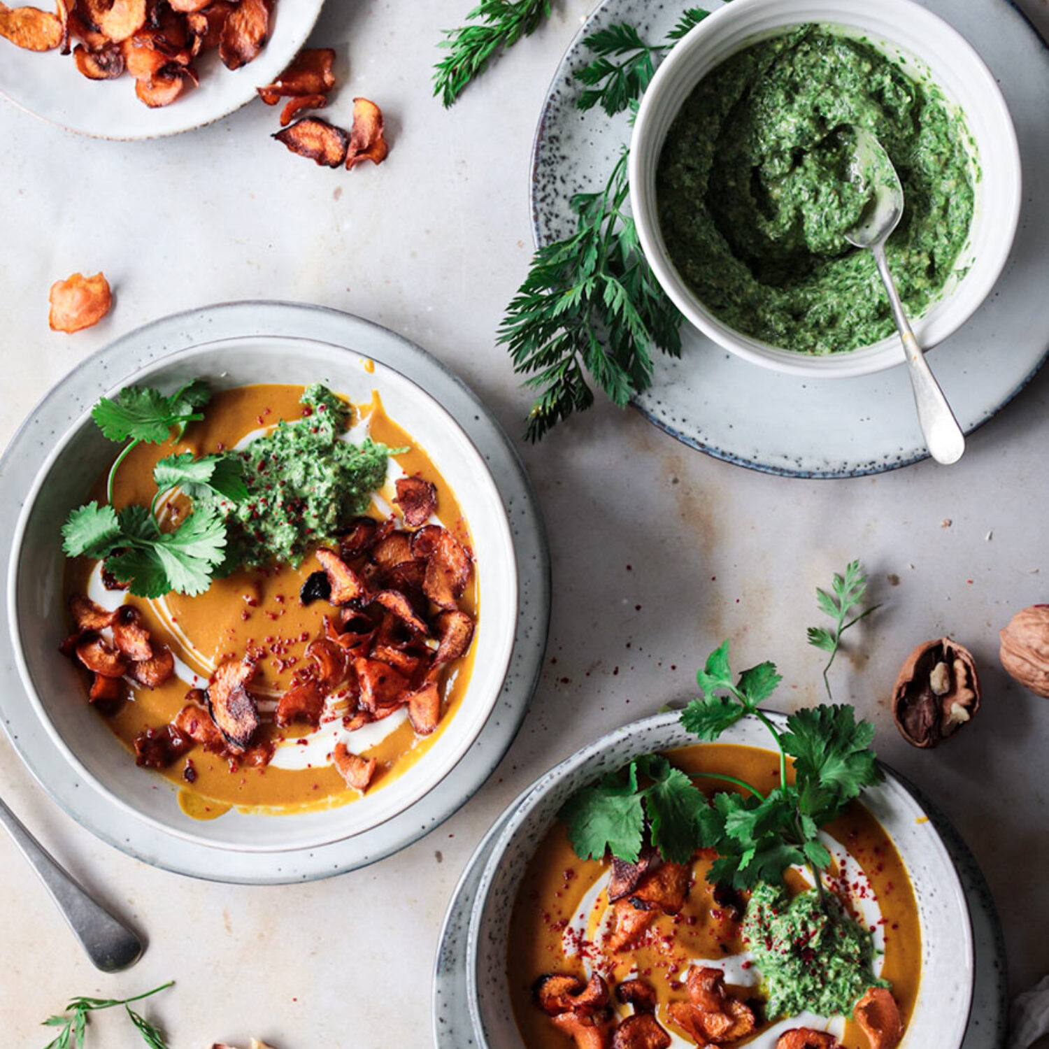 Roasted Carrot, Ginger & Turmeric Soup, with Carrot Top & Coriander Pesto