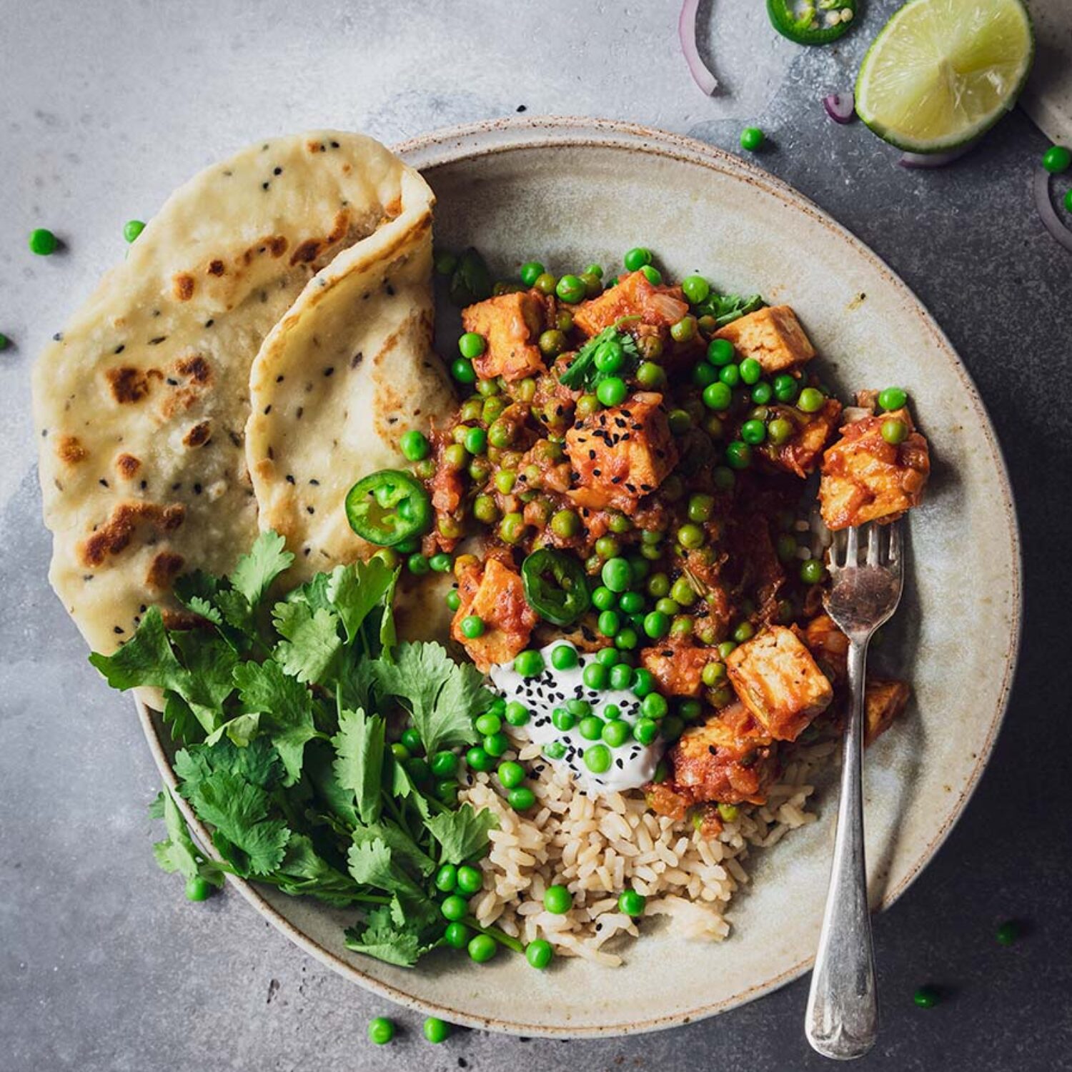 Matar Tofu with Spiced Yoghurt Flatbreads