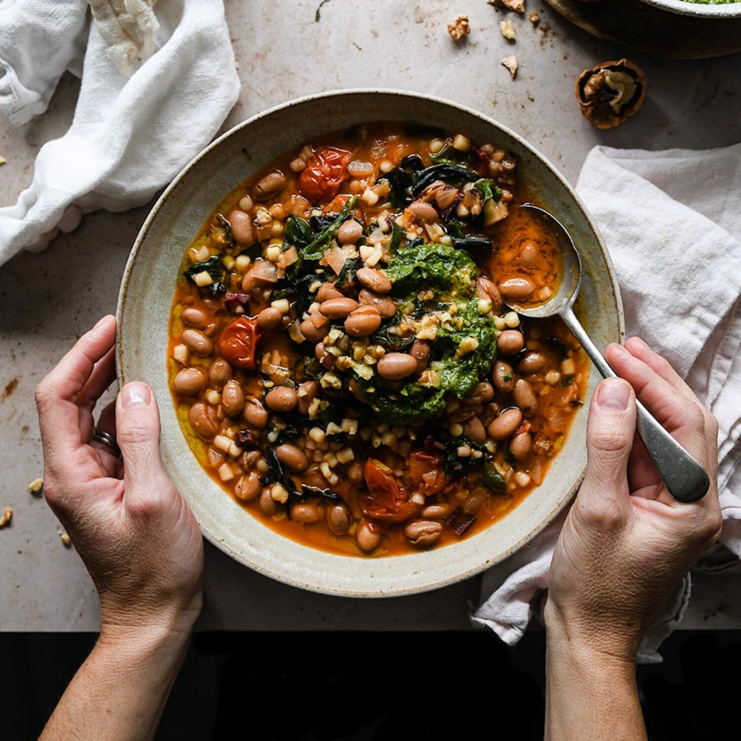 Borlotti minestrone with walnut pesto